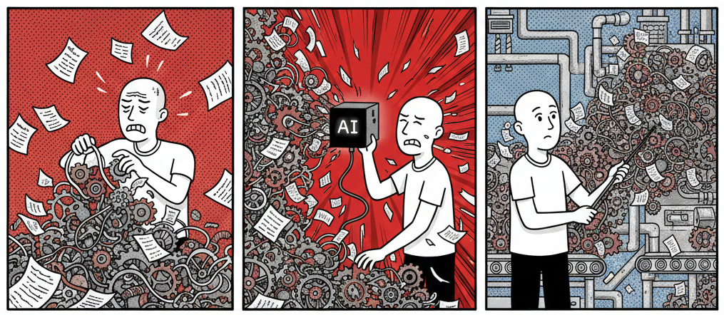 Three-panel comic-style illustration: first panel shows a frustrated person tangled in broken gears and scattered papers trying to hold a chaotic process together; second panel shows the same person plugging an AI box into the mess as everything explodes outward in red; third panel shows the person standing helplessly as the chaos has become an industrialized machine—bigger, faster, and completely out of control