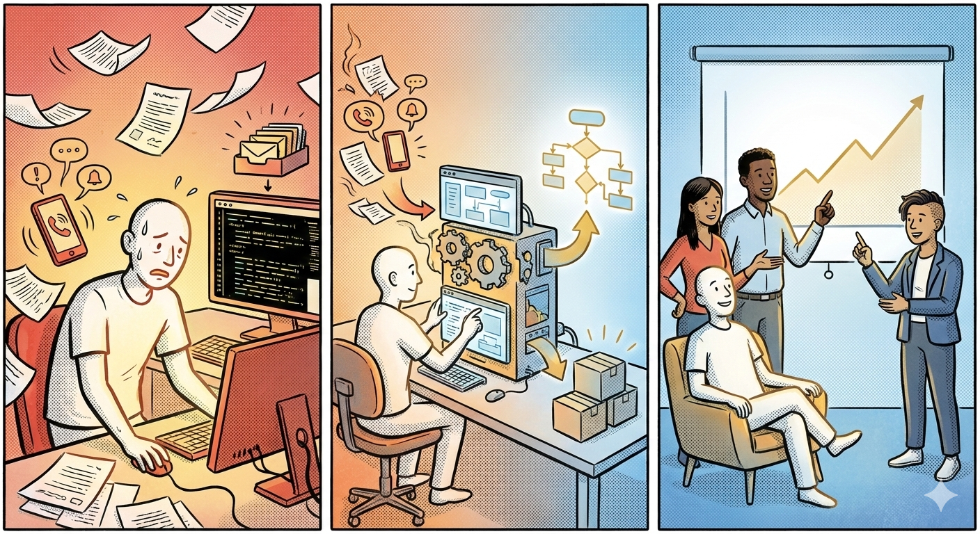Three-panel illustration showing the progression from chaos to deliberate systems: a stressed founder overwhelmed by tasks, then systematizing their work with flowcharts, and finally leading a thriving team with growth charts