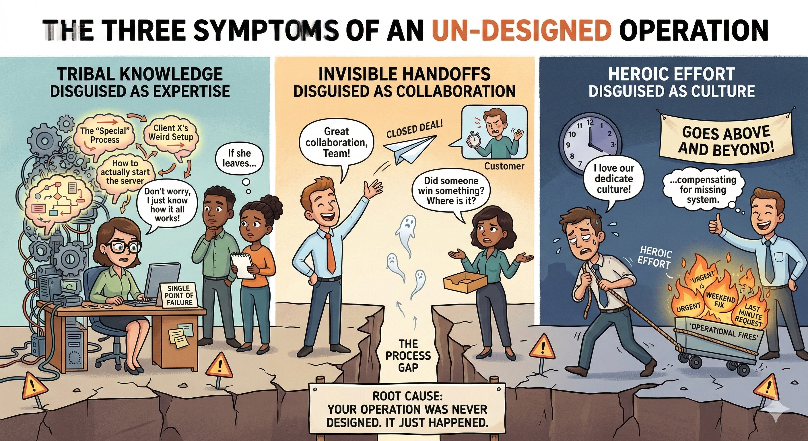 The Three Symptoms of an Un-Designed Operation: Tribal Knowledge disguised as Expertise, Invisible Handoffs disguised as Collaboration, and Heroic Effort disguised as Culture