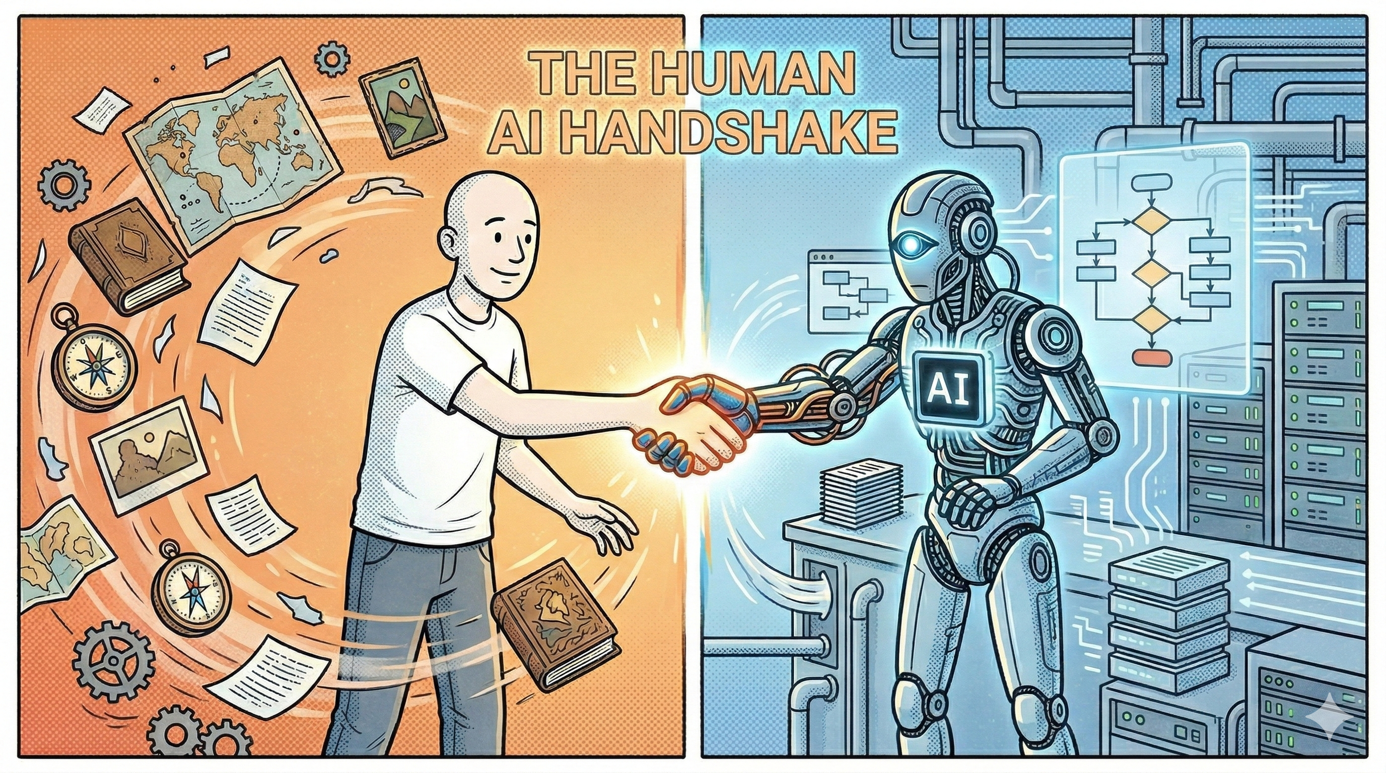 Illustration showing two distinct planes—a human figure navigating ambiguity and discovery on one side, an AI system executing precise defined work on the other—connected by a glowing handshake at the boundary between them